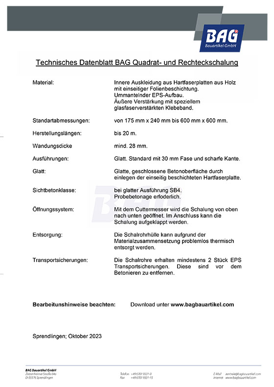 Technisches Datenblatt BAG Quadrat- und Rechteckschalung